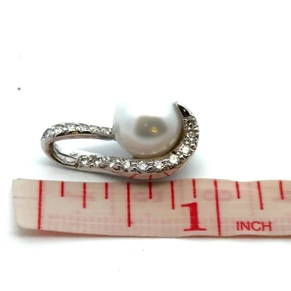 Estate 14k White Gold 10mm Pearl Pave Diamond Accented Statement Pendant